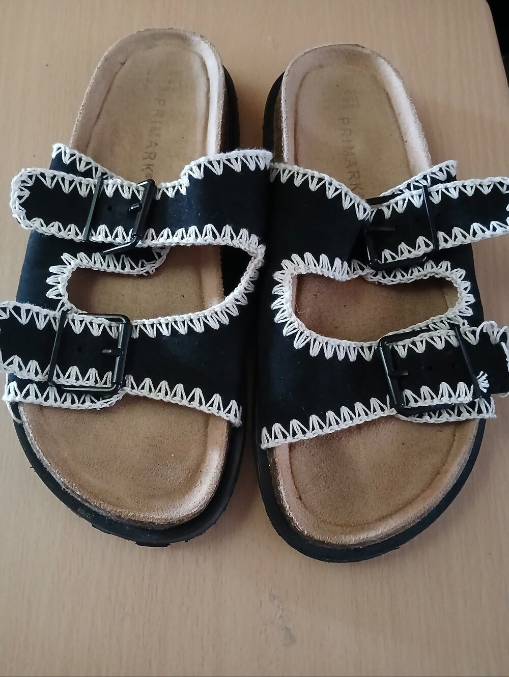 Black Double Strap Primark Sandals with White Stitching, Size 8.